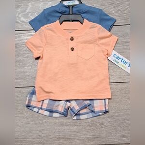 Brand New Carter's Baby Peach Top and Blue Onesis Shirt With Plaid Shorts Set